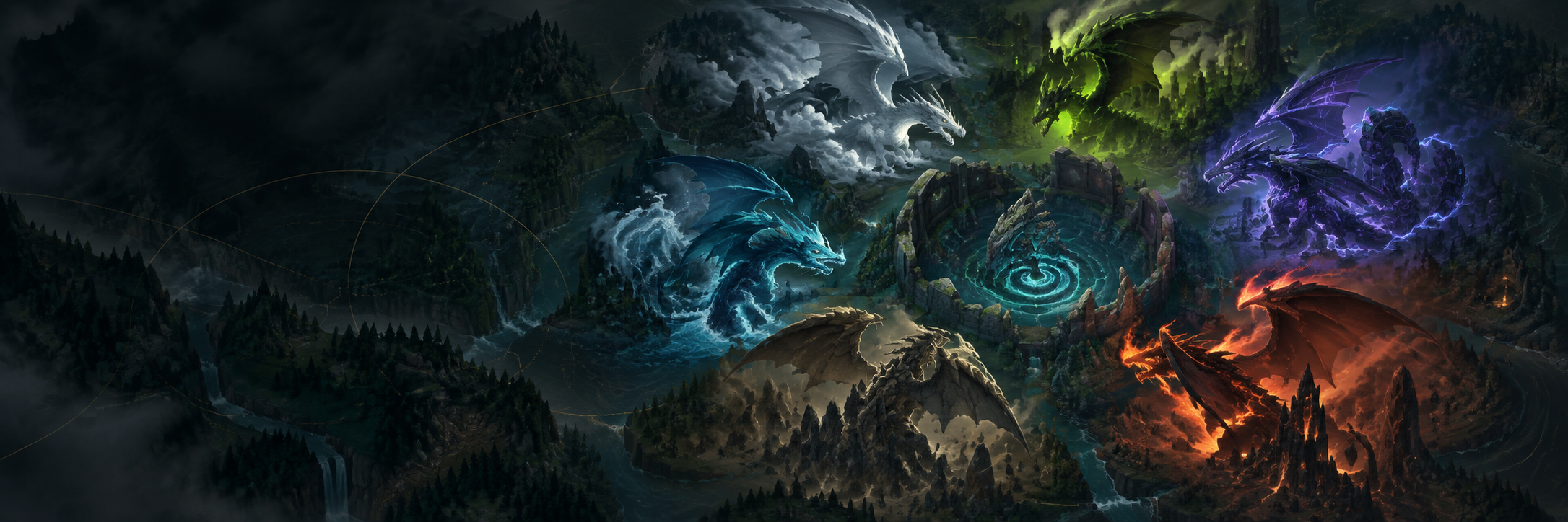 Six elemental dragons circling a stone dragon pit